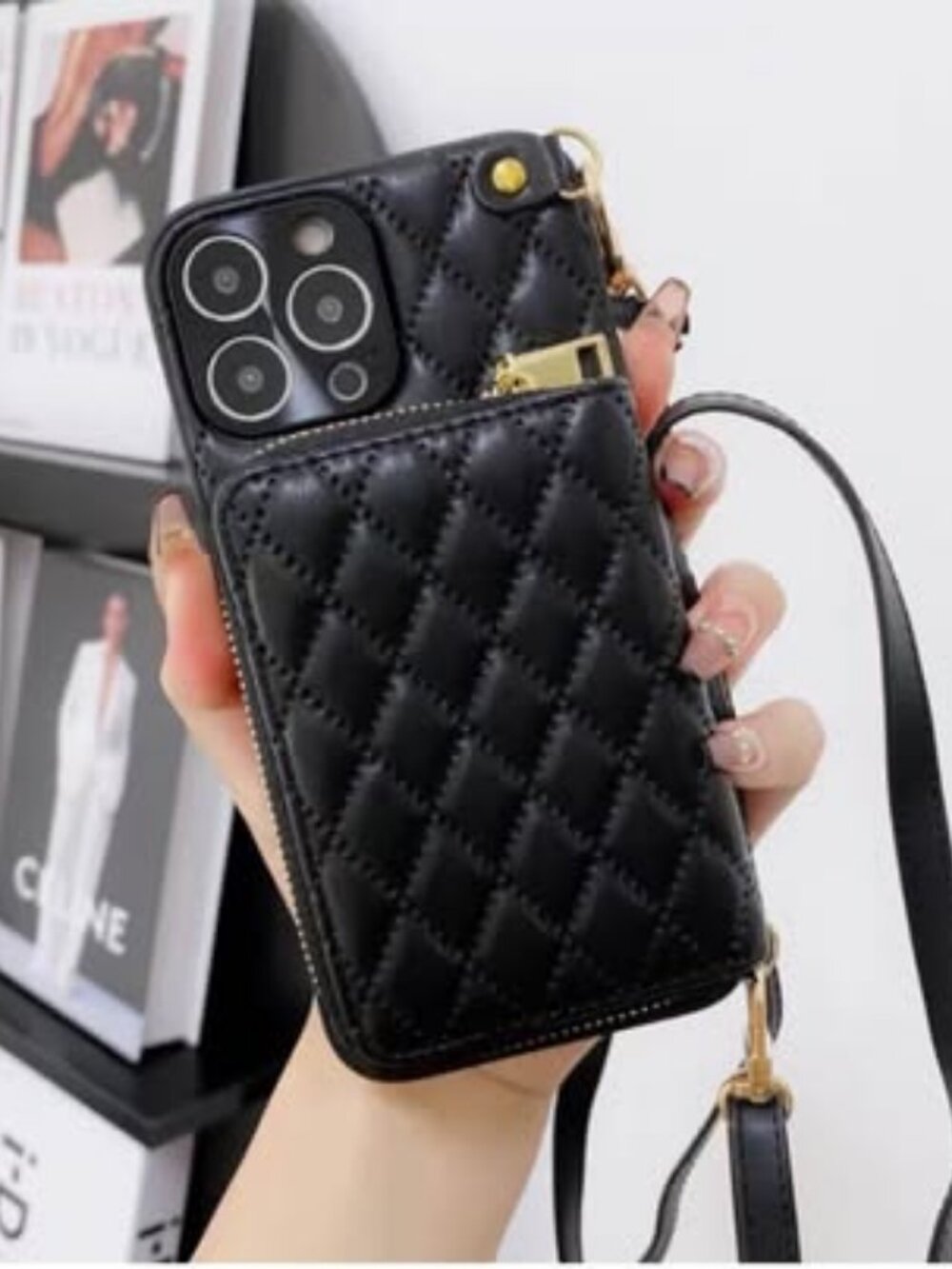 Black Quilted Crossbody Wallet Phone Case for iPhone 15 pro